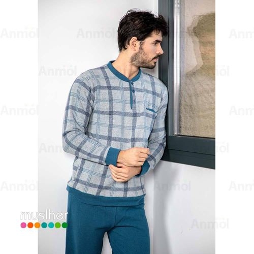 MUSLHER  PIJAMA HOMBRE M/L PUÑO INVIERNO  ART.225618  C.AZUL/CUADROS  T.M