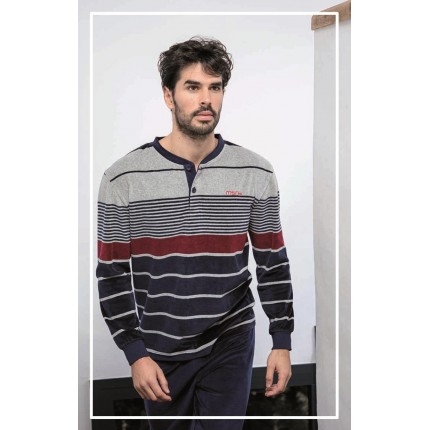 MUSLHER  PIJAMA HOMBRE M/L PUÑO TERCIOPELO   ART.225608 C. GRIS/ RAYAS   T. S